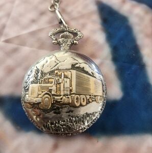 Silver Pocket Watch with Truck Design- Needs Battery